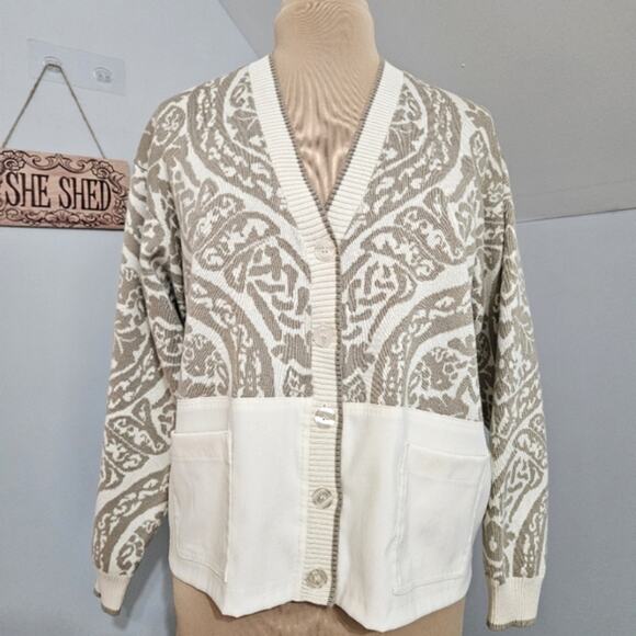 I.B. Diffusion Taupe and White Colorblock Cardigan Plunge V Neck Sweater Medium - Picture 1 of 11